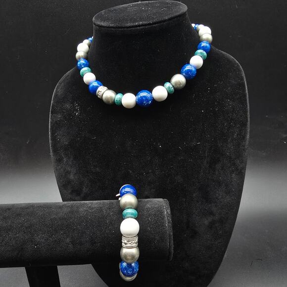 Liz Claiborne Blue Silver Tone Beaded Necklace Bracelet Set Vintage With Tag - Picture 10 of 10